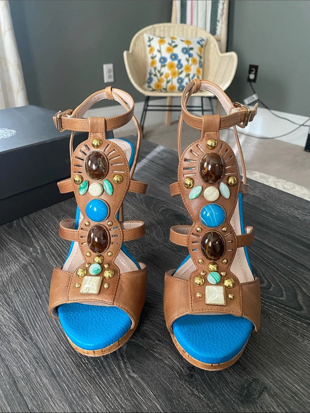 Vince Camuto Brown Leather Jeweled Wedge Sandals with Bright Blue Insole